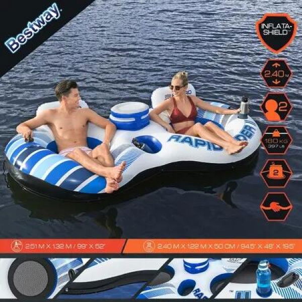 Bestway Floating Island Pool Float Tubes 2 Man River Tube Water Raft Inflatable Watersport Rapid Rider Double Innertube Lake Lounger with Cooler