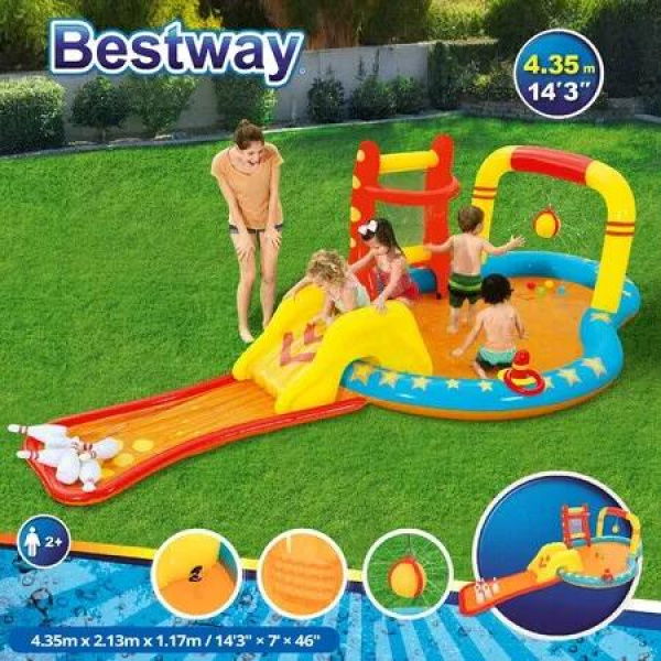 Bestway Lilâ€™ Champ Water Play Pool Centre Playground Inflatable Splash Park Sprayer Bowling Basketball Ring Outdoor Activity Waterplay 4.35x2.13x1.17m