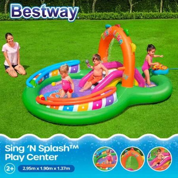 Bestway Playcentre Sing N Splash Pool Slide 2.95x1.90x1.37m Playground Inflatable Water Park Pretend Play Set Toys Outdoor Backyard Activity Centre