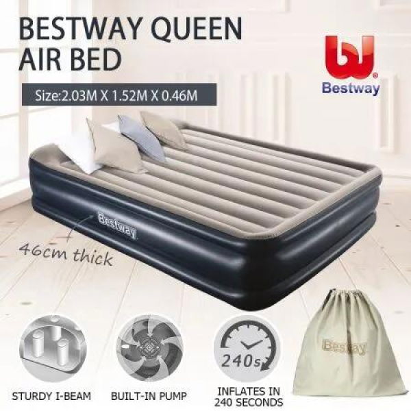 Bestway Queen Inflatable Flocked Mattress Tritech Airbed Built-in AC Pump & Pillow 203 x 152 x 46cm