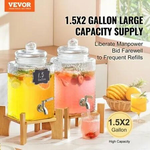 Beverage Dispenser, 1.5 Gallon Drink Dispensers for Parties, Glass Juice Dispenser with Stand, Stainless Steel Spigot, Iced Tea Lemonade Juice Water Dispenser, for Restaurants, Hotels, Parties