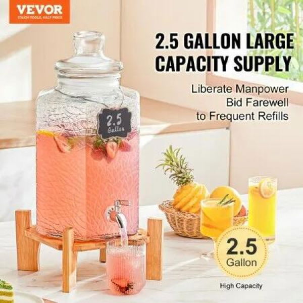 Beverage Dispenser, 2.5 Gallon Drink Dispensers for Parties, Glass Juice Dispenser with Stand, Stainless Steel Spigot, Iced Tea Lemonade Juice Water Dispenser, for Restaurants, Hotels, Parties