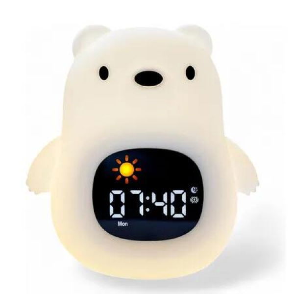 Big Bear Alarm Clock Cute Touch Night Light 9 Colors & 6 White Noise Sounds Ok to Wake with Child Lock Sleep Training & Time Learning