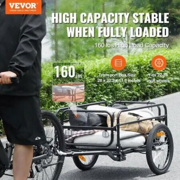 Bike Cargo Trailer 72.5 kg Load Heavy-Duty Bicycle Wagon Cart Foldable w Universal Hitch 406.4 mm Wheels Fits 558.8-711.2 mm Bike Wheels