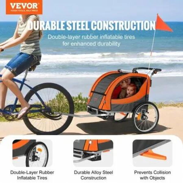 Bike Trailer for Toddlers Kids Double Seat 45 kg Load 2-In-1 Canopy Carrier Converts to Stroller Tow Behind Foldable Child Bicycle Trailer