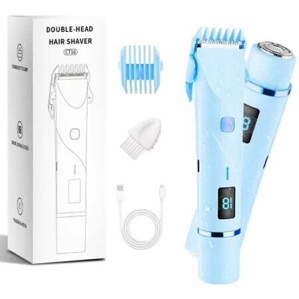 Bikini Trimmer for Women, 2 in 1 Electric Razors for Women Body & Facial Hair, IPX7 Waterproof Dual Head Bikini Shaver with LED Display Blue