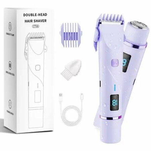 Bikini Trimmer for Women, 2 in 1 Electric Razors for Women Body & Facial Hair, IPX7 Waterproof Dual Head Bikini Shaver with LED Display Purple