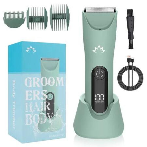 Bikini Trimmer for Women, Body and Facial Hair Trimmer Rechargeable Electric Razors with LCD Display, IPX7 Waterproof Wet/Dry Use Green