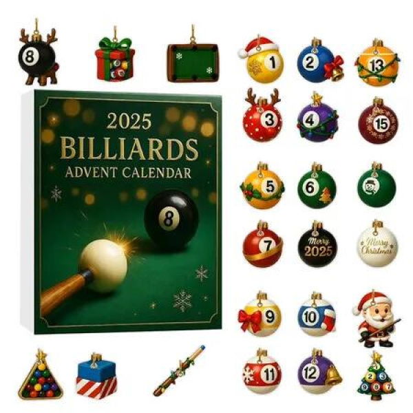 Billiards Advent Calendar 2025, 24 Days Christmas Countdown Calendar, 2D Acrylic Mini Billiard Balls and Cue Ornaments, Christmas Tree Decorations