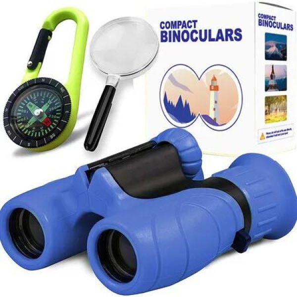 Binoculars Toy for Boys and Girls, Magnifying Glass with Compass Outdoor Adventure Exploration Gift (Blue)