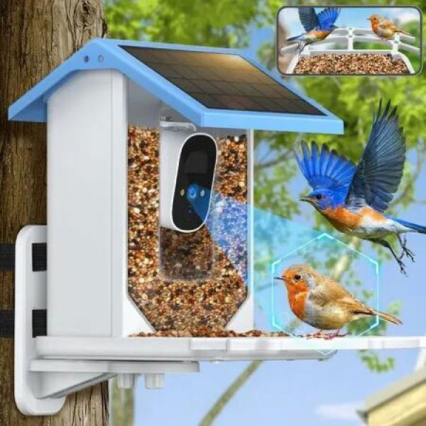 Bird Feeder Camera Solar Powered Smart Outdoor 4MP HD Video Auto Capture Real Time Notifications Gift Idea Blue