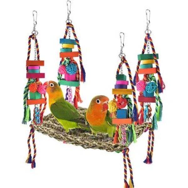 Bird Toys, Bird Foraging Wall Toy,Edible Seagrass Woven Climbing Hammock Swing Mat with Colorful Chewing Toys