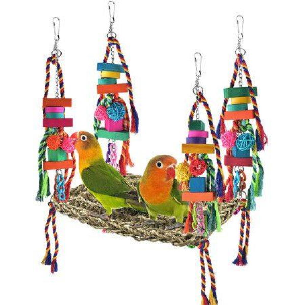 Bird Toys Bird Foraging Wall ToyEdible Seagrass Woven Climbing Hammock Swing Mat With Colorful Chewing ToysSuitable For LovebirdsFinchParakeetsBudgerigarsConureCockatiel