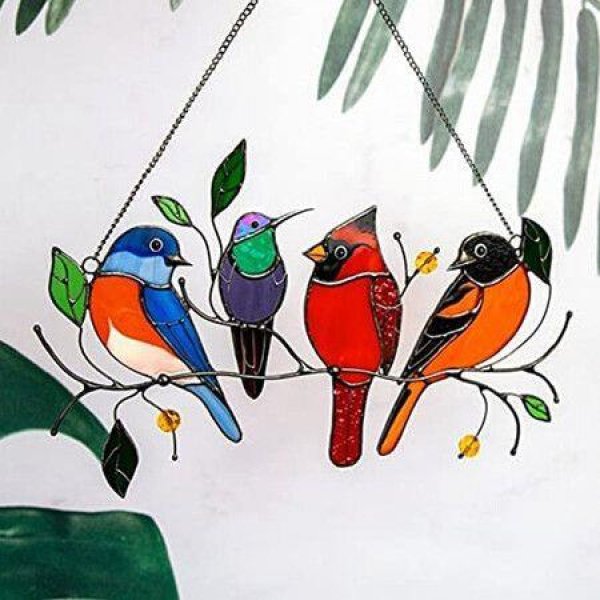 Birds Suncatcher Window Hanging Decor - Cardinal Hummingbird Dove Blue Jay (Double-Sided Colorful Painted)