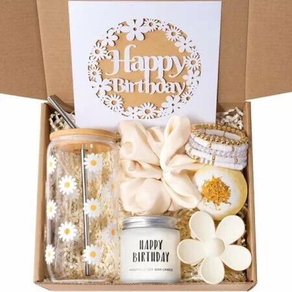 Birthday Gifts For Women,Teen Girl,Her - Gift Baskets with Cute Daisy Aesthetic Glass Cups Gift Set 7pcs