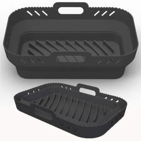 Black 2 Pack Foldable DualZone Air Fryer Silicone Baking Tray Rectangular Basket Suitable For Ninja DZ201DZ302