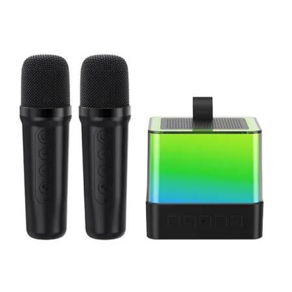 Black 2 Wireless Microphones Portable Bluetooth Karaoke Speaker With LED Lights Perfect for Birthday Parties