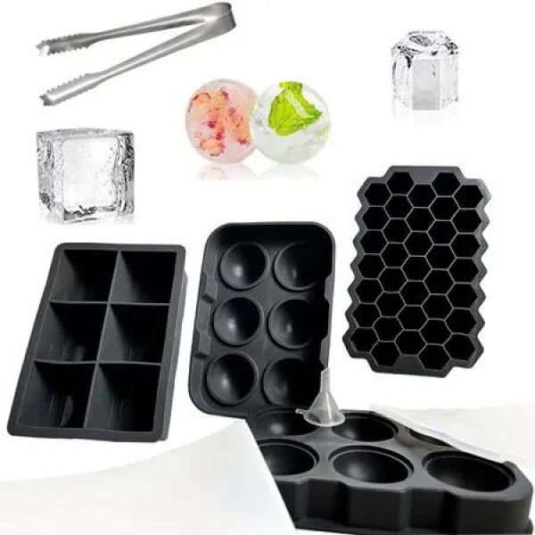 Black 5 Piece Silicone Ice Cube Set Round Square 6 in 1 Bee Shape Ice Clip Funnel Lid Bar Party Mold