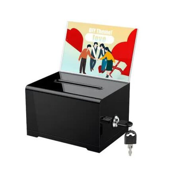 Black Acrylic Donation Box for Fundraising Suggestion Box with Slot and Lock Plastic Ballot Box with Sign Holder Storage Container