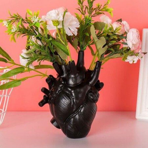 Black Anatomical Heart Vase Resin Flower Pot Desktop Ornament Heart Shaped Vases For Flowers Heart Sculptures Home Decor