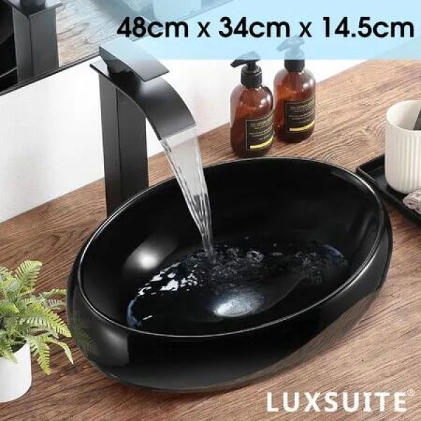 Black Bathroom Sink Vessel Vanity Hand Wash Basin Washing Bowl Above Counter Toilet Bath Countertop Ceramic Modern Oval 48x34x14.5cm