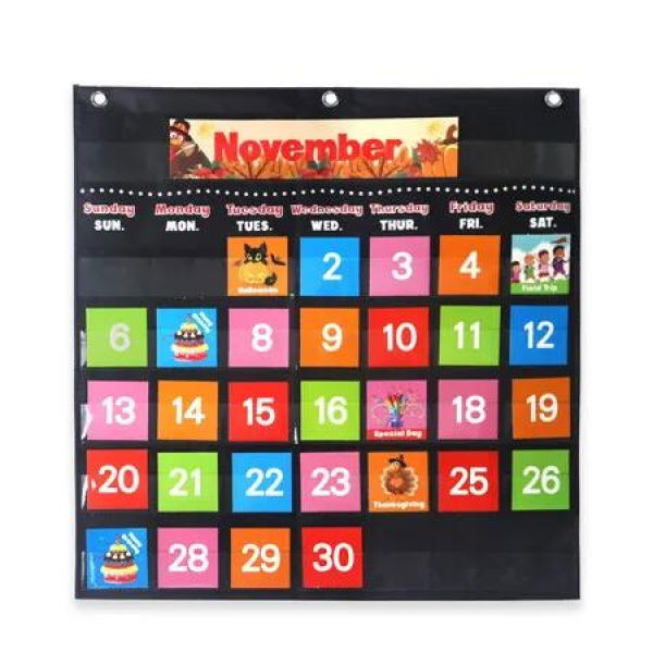 Black Calendar Pocket Chart with 88 Cards for Classroom Monthly Weather Kindergarten Teacher Supplies