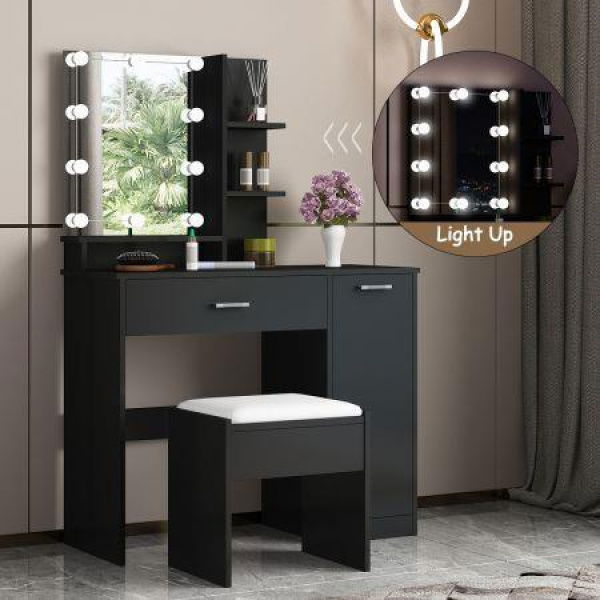 Black Dressing Table Dresser Makeup Vanity Table Stool Set With Mirror & LED Lights.