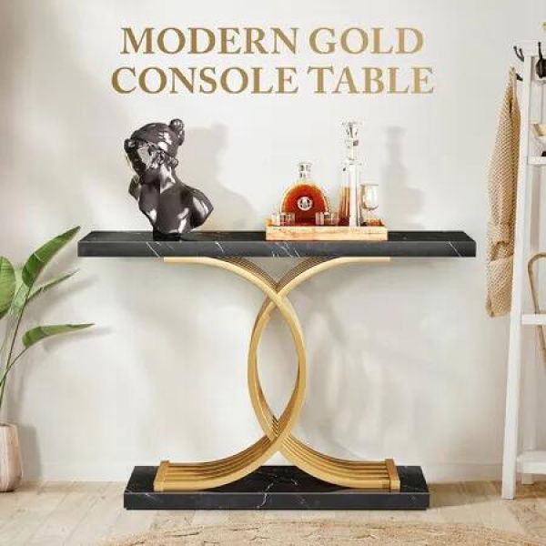 Black Hall Console Table Coffee Narrow Entrance End Sofa TV Shelf Plant Flower Stand Side Storage Desk Rack Faux Marble