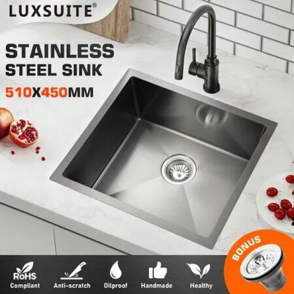 Black Kitchen Sink Stainless Steel Basin Laundry Drop In Undermount Flush Single Bowl Bar Workstation Rectangle Handmade 304 Waste Drainer 51x45x21cm