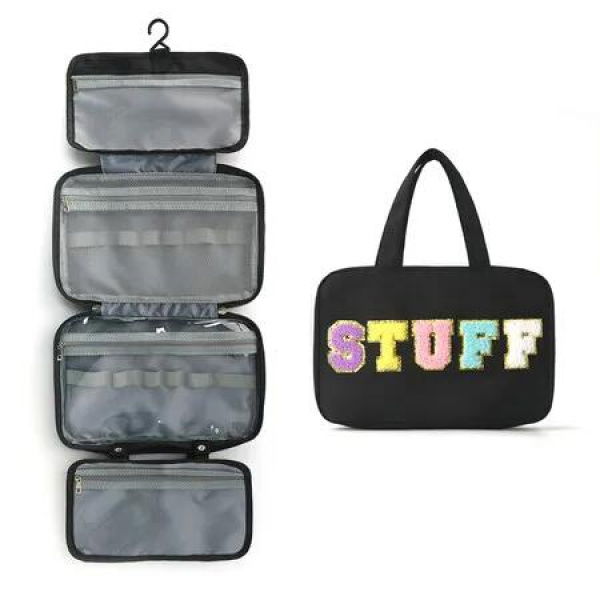 Black Large Capacity Cosmetic Four Foldable Bag Hand Carried Foldable Wet Dry Portable Hanging Toiletries