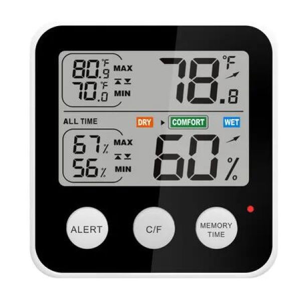 Black Magnetic High Precision Temperature & Humidity Meter Same-Screen Display Memory Function Sound & Light Alarm