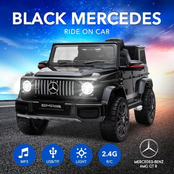 Black Mercedes Ride-on Car For Kids With Remote Control Music And Lights.