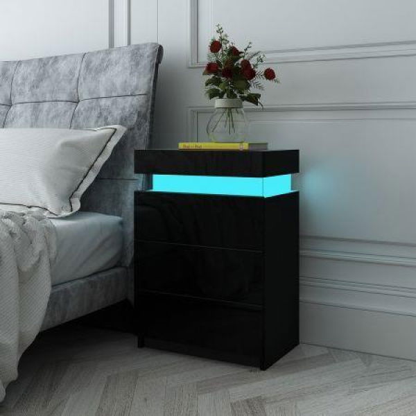 Black Modern Nightstand Bedside Tables 3 Drawers High Gloss Front RGB LED