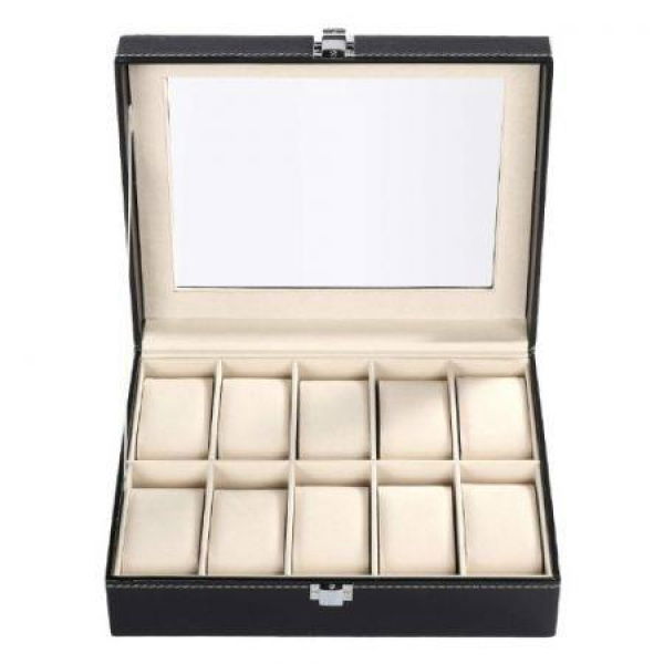 Black Pu Leather Watch Display Stand Box Flannelette Grids With Glass Cover-10 Slot