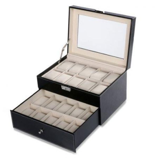 Black Pu Leather Watch Display Stand Box Flannelette Grids With Glass Cover-20 Slot