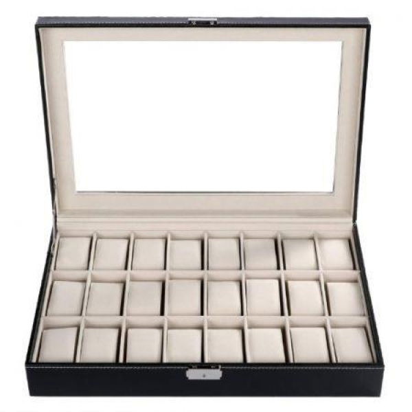 Black Pu Leather Watch Display Stand Box Flannelette Grids With Glass Cover-24 Slot