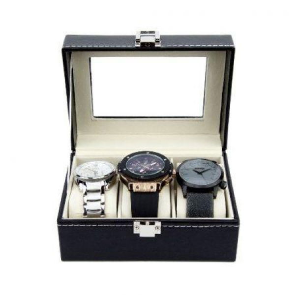 Black Pu Leather Watch Display Stand Box Flannelette Grids With Glass Cover-3 Slot