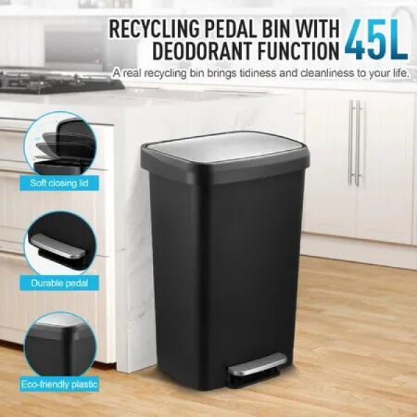Black Rubbish Bin Recycling 45L Kitchen Waste Trash Can Pedal Dustbin Garbage Step Plastic Container Soft Closing Stainless Steel Lid Home Office