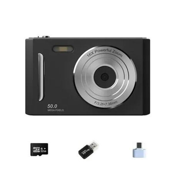 Black Student Digital Camera HD DualLens 50MP 8x Zoom Beauty Filter FrontBack Cameras 32G Memory Card