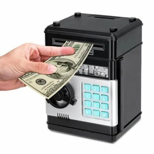 (Black)Electronic Password Piggy Bank Cash Coin Can Auto Scroll Paper Money Saving Box Toy for 6 7 8 9 10 11 12 Years Old Kids Gifts