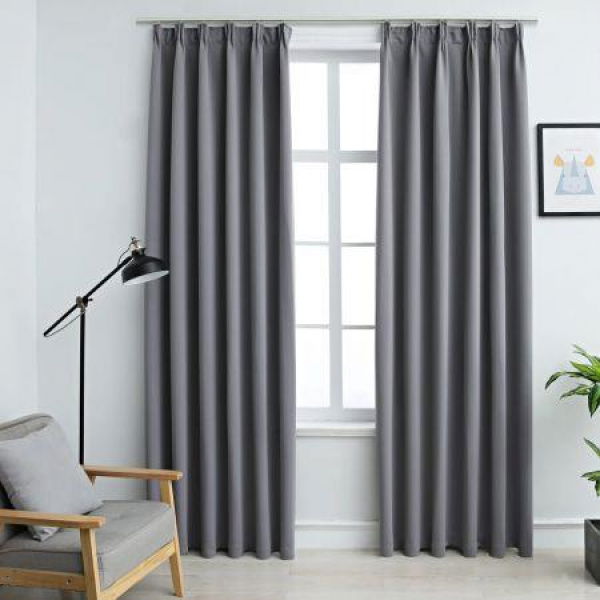 Blackout Curtains With Hooks 2 Pcs Grey 140x245 Cm