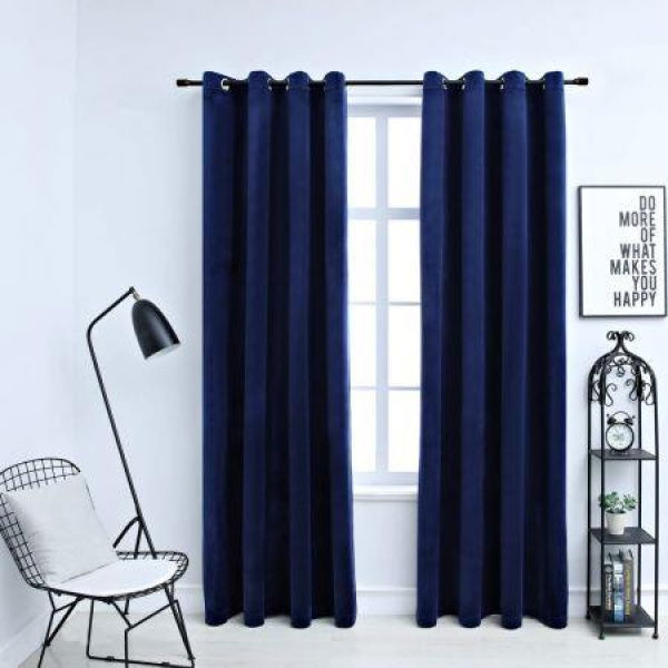 Blackout Curtains With Rings 2 Pcs Velvet Dark Blue 140x245 Cm