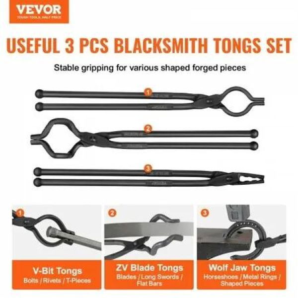 Blacksmith Tongs, 3 PCS, V-Bit Bolt Tongs, Wolf Jaw Tongs and Z V-Bit Tongs, Carbon Steel Forge Tongs with A3 Steel Rivets, for Beginner and Seasoned Blacksmiths, Bladesmiths and Craftsmen