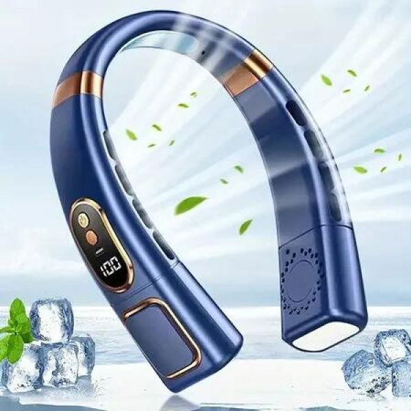 Bladeless Neck Fan Portable Cooling Plate 8000mAh Battery Operated 5 Speeds 3 Light Modes Adjustable Faster Personal Summer Comfort Blue