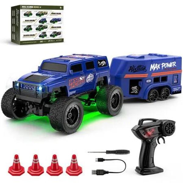 Blue 1:64 Mini Climbing Remote Control Car with Trailer Full Scale Monster Truck Toy Perfect Gifts for children