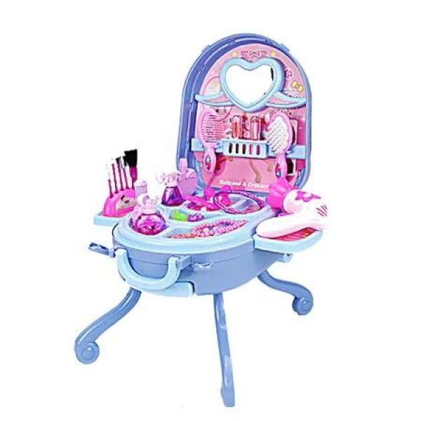 Blue 2 in 1 Toddler Girls Makeup Table and Suitcase Toy Set Fashion Accessories Pretend Play Travel Beauty Set