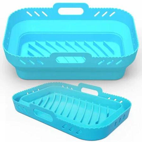 Blue 2 Pack Foldable DualZone Air Fryer Silicone Baking Tray Rectangular Basket Suitable For Ninja DZ201DZ302