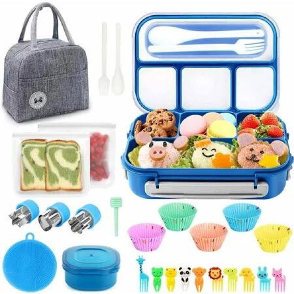 Blue 27 Piece Lunch Box with Sauce Container Utensils Food Picks Muffin Cups Insulated Bag for School