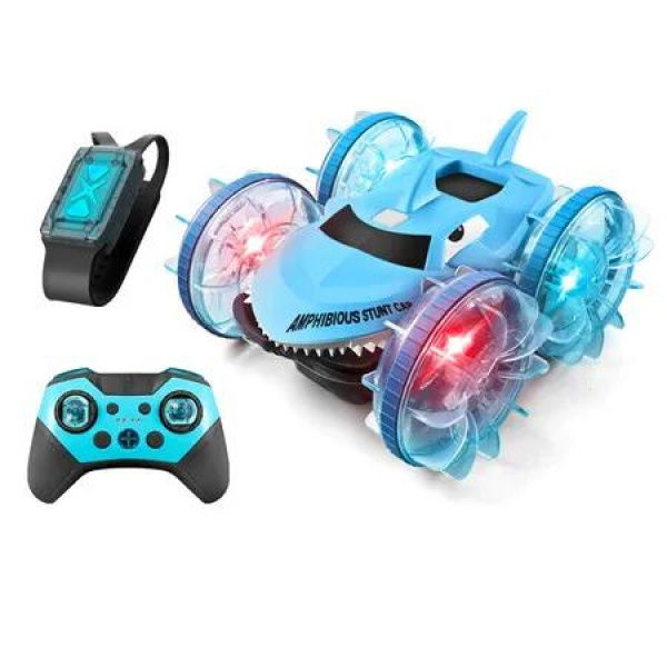 Blue Amphibious RC Car with Lights~,Gesture Hand Remote Control Boat 4WD 2.4GHz Waterproof RC Stunt Car 360 Rotating Water Beach Pool Toys Gift