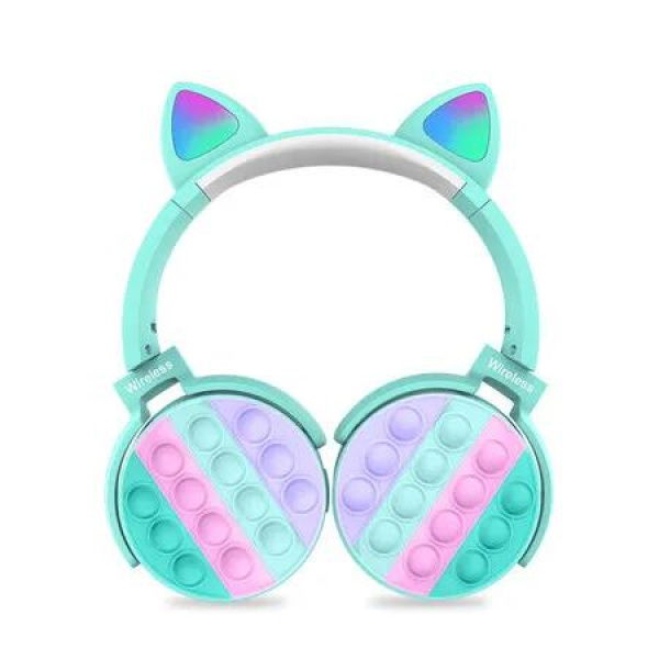 Blue Bluetooth Headset with Cat Ears and LED Lights Wireless Decompression Headphones for Kids Christmas Gift